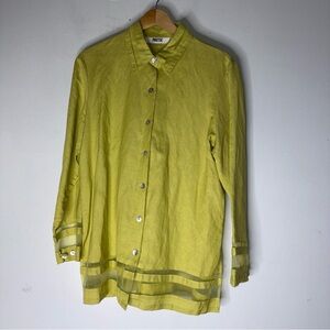 Poetic Ramie Blend Collar Long Sleeve Button Down Sheer Trim Yellow Green 10